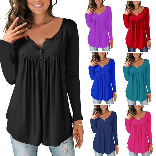 AliExpress Amazon Wish2021 New European And American V-neck Button Pleated Long-sleeved T-shirt Sleeves Loose Top Women